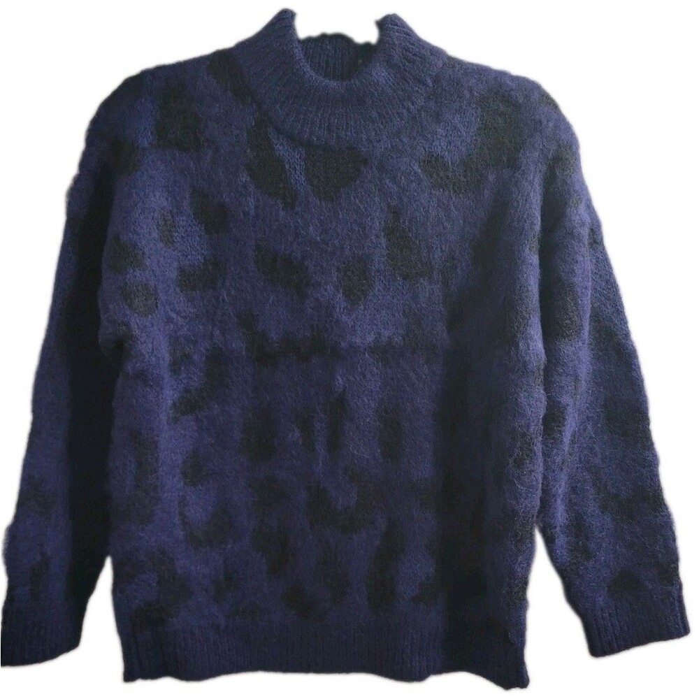 Kate Spade Wild Ones Leopard Alpaca Wool Mock Neck Sweater Blue Black S NWOT